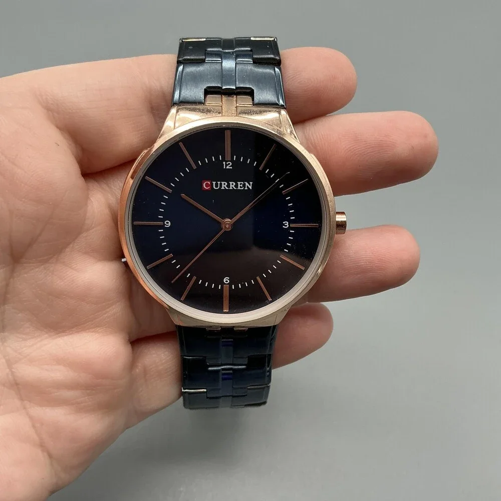 Curren M-8321 Mens Watch 42mm Blue Dial Bracelet Rose Gold Tone New Battery 8.5